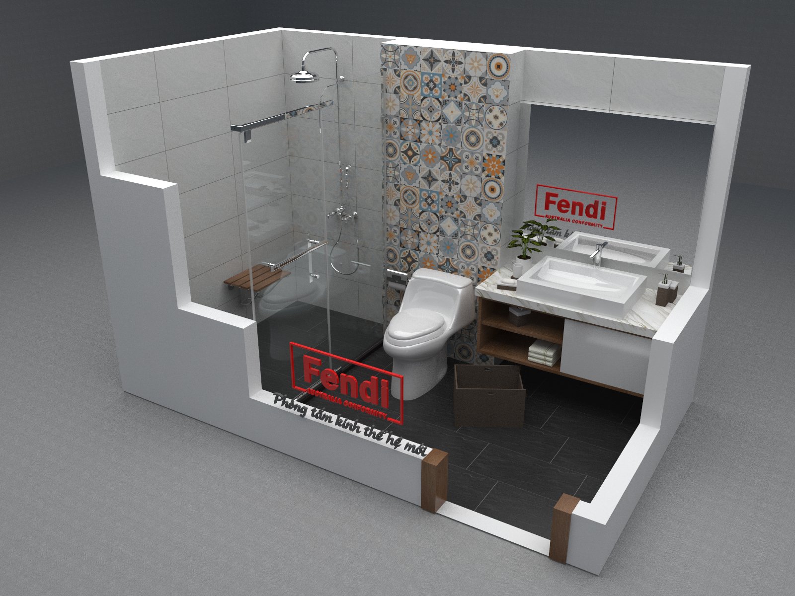 Mặt bằng điển hình không gian phòng tắm phù hợp sử dụng bộ FDP-2X2